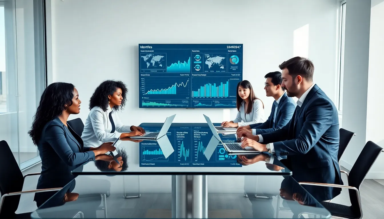 diverse team discussing data management in a modern office.